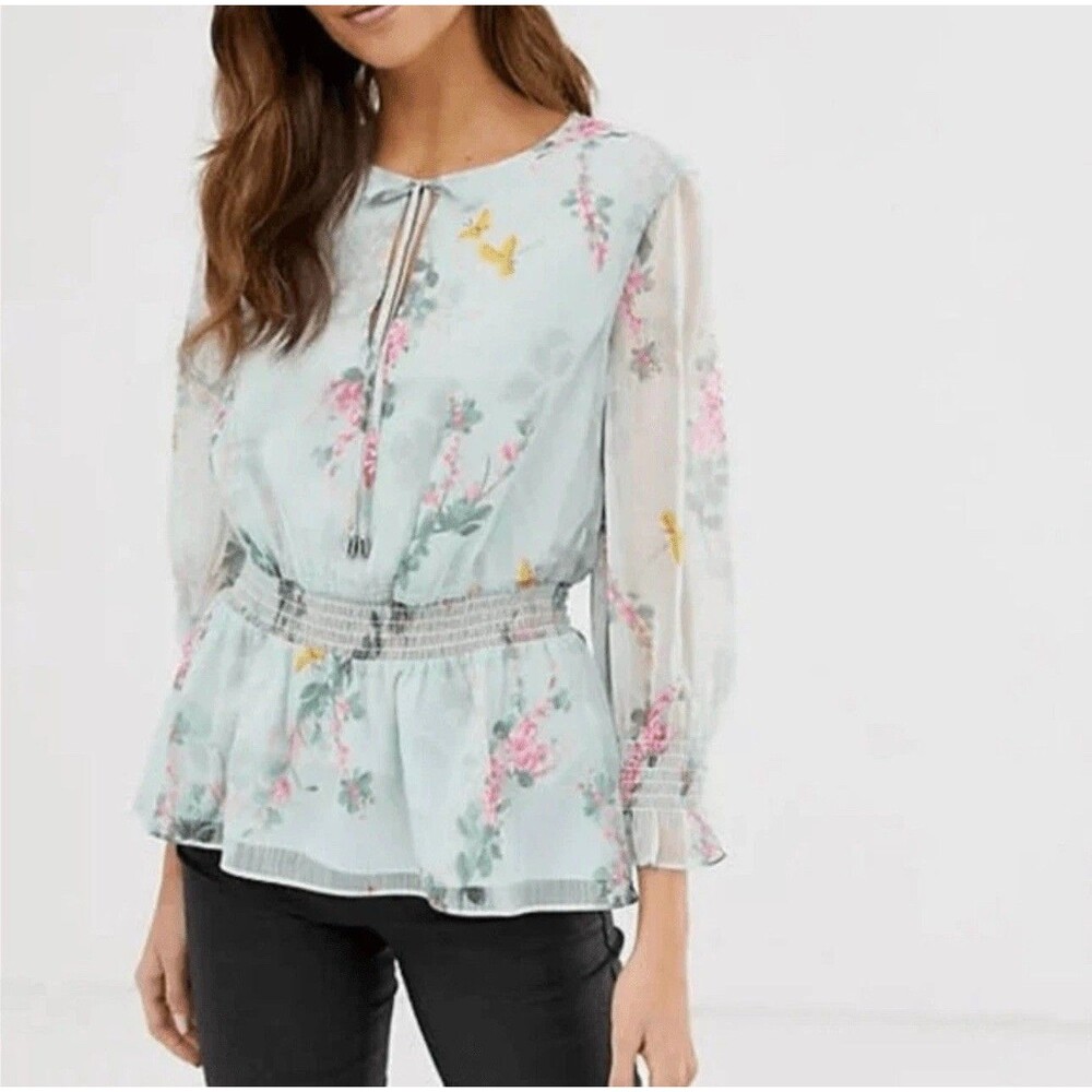 Ted Baker London Klara Sorbet Floral Ruffle Peplum Top Size 2